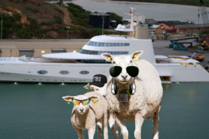 Sheep wearing sunglasses stand in front of a luxury yacht